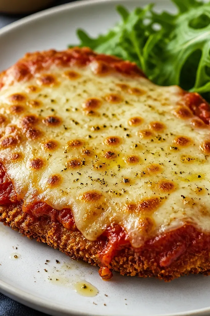 Chicken parm plated with a thin drizzle of lemon and black pepper visible on top. The cheese is browned, and pepper specks stand out against the melted mozzarella.