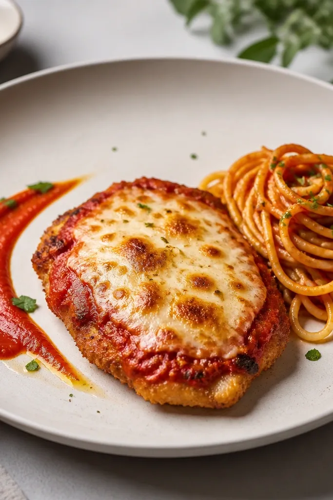 A wide plate with one chicken cutlet centered, a neat smear of sauce on the side, and a small pile of spaghetti tucked next to it. The cheese looks thick and browned on top.