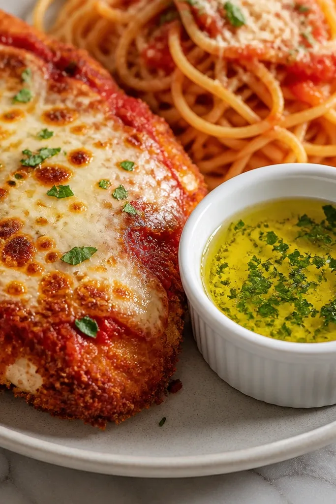 A small ramekin of melted garlic butter with chopped parsley next to the chicken parm. The butter looks glossy and pale golden.