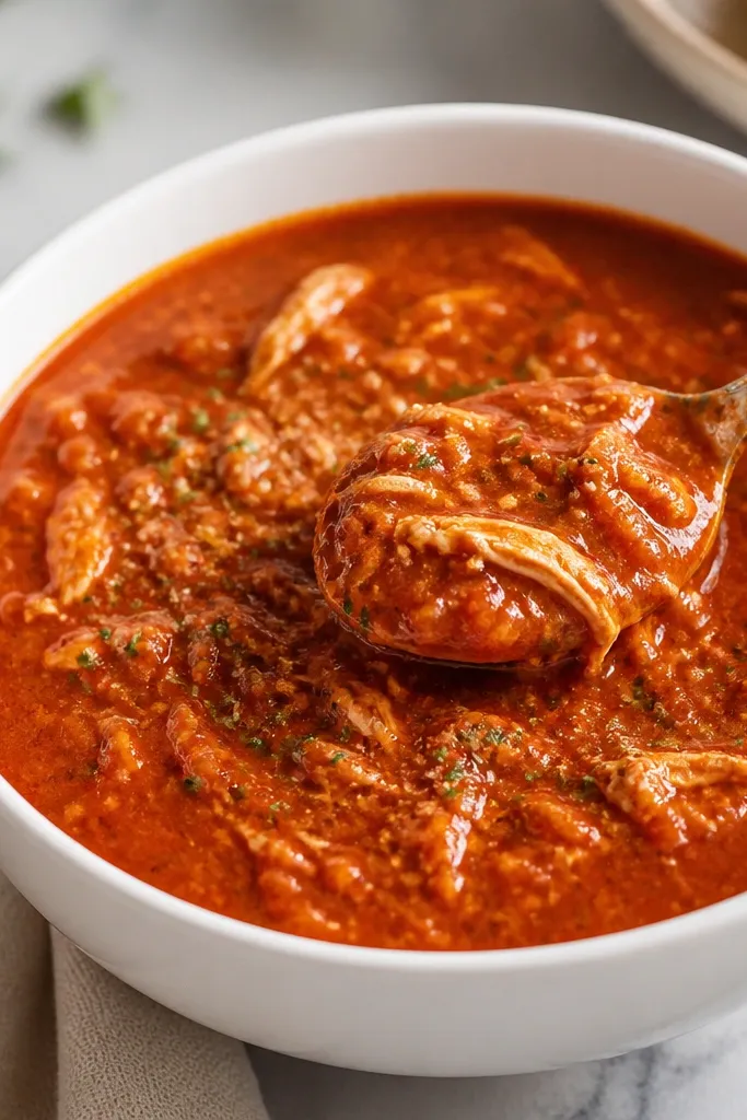 A white bowl filled with thick red chicken parmesan soup, with a glossy surface and visible shreds of chicken. Small flecks of herbs sit on top, and the broth clings to the spoon.