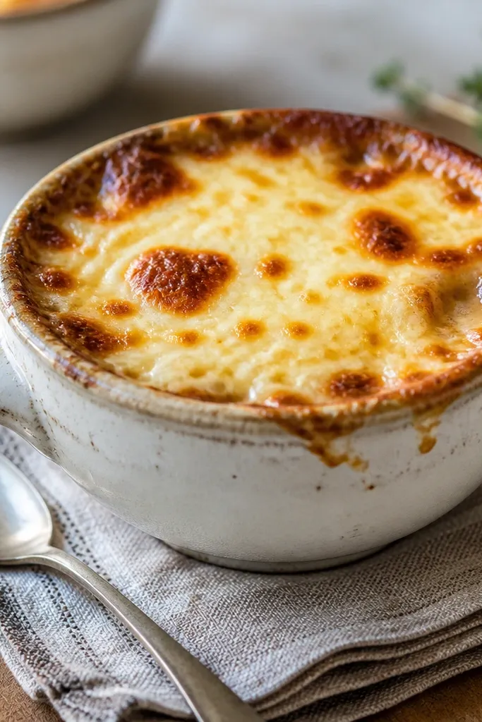 A small broiler-safe bowl with soup topped by a layer of mozzarella. The cheese has uneven golden-brown bubbles in spots, with a few pale areas that still look creamy.