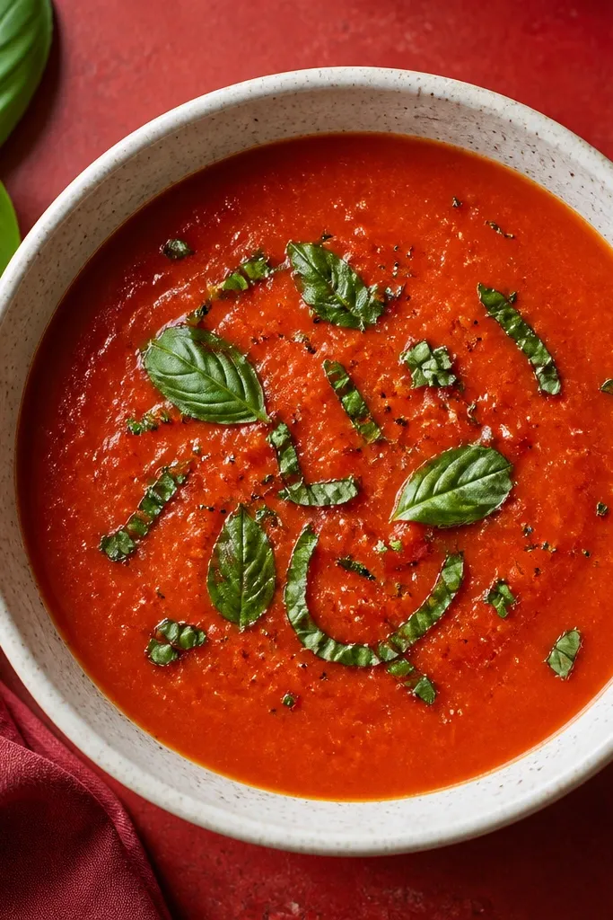 A bowl of soup topped with green herb flecks, with a few whole basil leaves torn by hand. The green pops sharply against the red background.