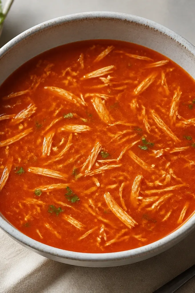 A bowl where chicken appears as thin, pale strands scattered throughout the red soup. No big chunks - just even distribution.
