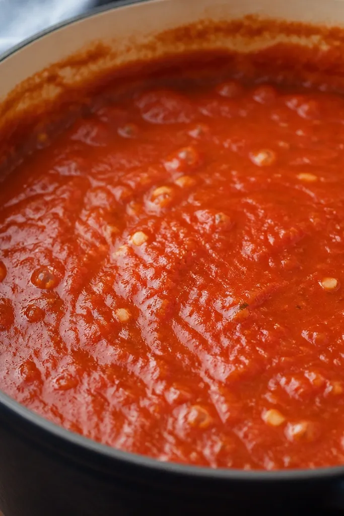 A pot shot with glossy tomato sauce simmering, with visible bubbles around the edges and small garlic bits floating. The sauce looks thick and cohesive.