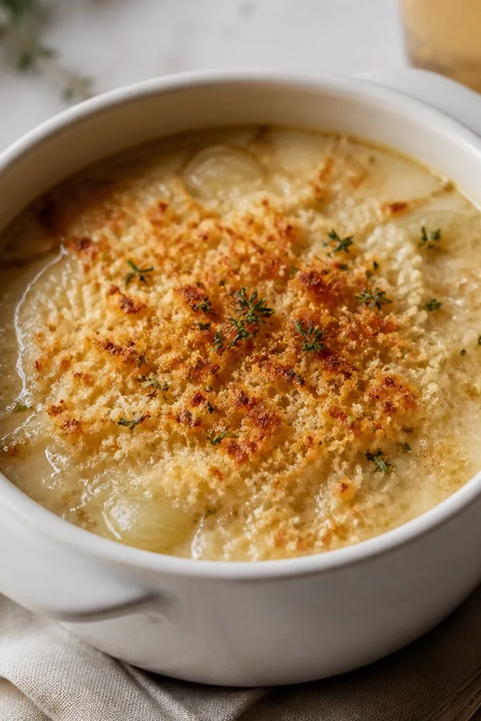 Soup topped with a thin layer of golden breadcrumb crumbs. The crumbs look slightly toasted and sit on top of the cheese surface.