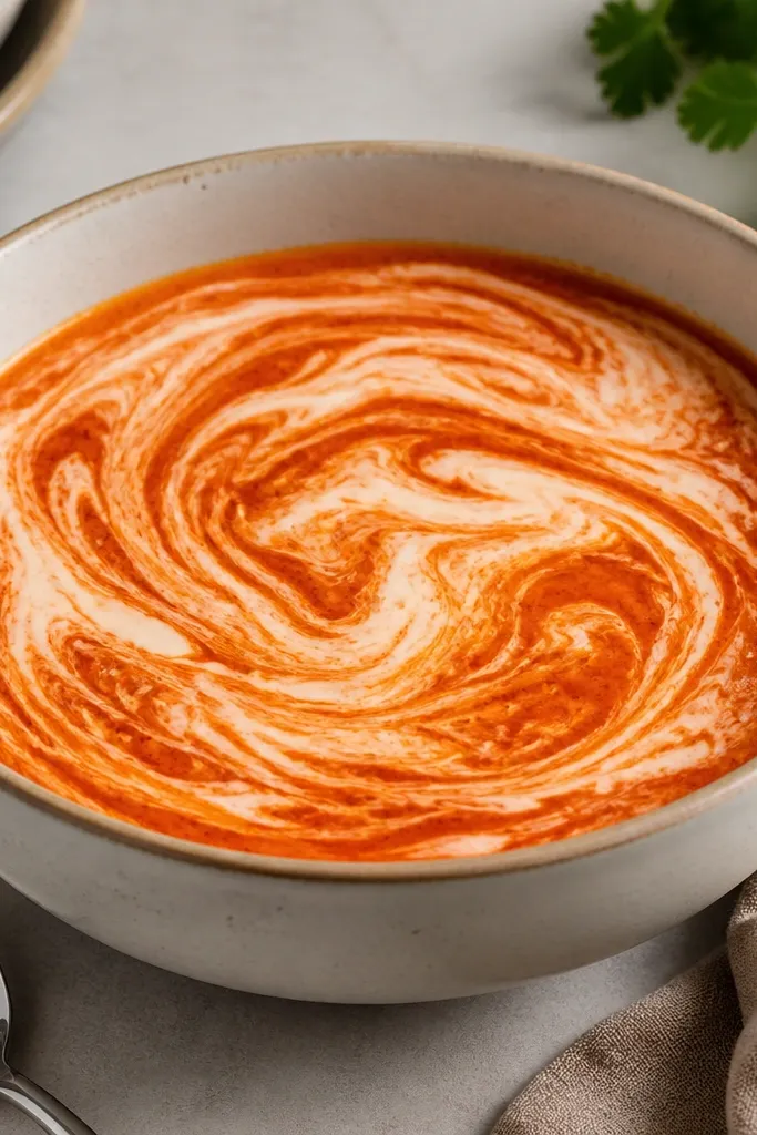 A serving bowl showing a pale cream swirl mixed into red sauce in thin streaks. The swirl looks smooth, not oily or curdled.