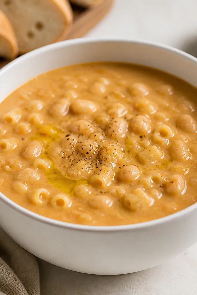 A white ceramic bowl filled with Classic Pasta e Fagioli low_maintenance. The soup is thick and creamy, with small white bean pieces visible and short ditalini pasta peeking through. A drizzle of olive oil glints on top, and a few black pepper specks sit near the center.