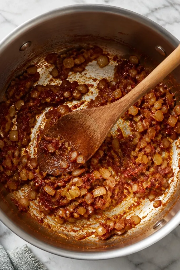 A stainless steel pot photographed from above. Diced onion and celery look golden at the edges, with a glossy sheen of olive oil. Tomato paste is stirred in, darker red and slightly caramelized. A wooden spoon rests inside the pot.