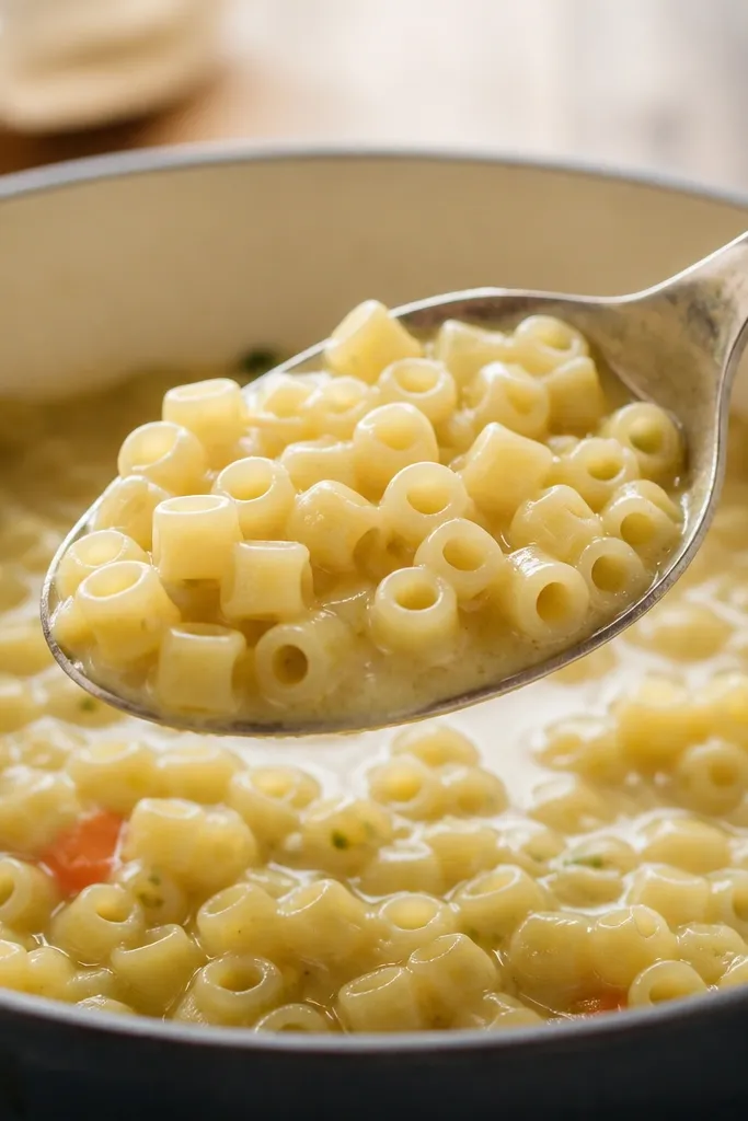 A spoon lifted above a pot with short ditalini pasta. The noodles look firm and glossy, not swollen. The broth clings lightly to the pasta, forming a thin creamy layer around each piece.