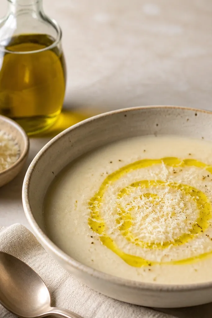 A small bowl of finely grated Parmigiano-Reggiano next to a bottle of olive oil. The plated soup has a dusting of cheese and a glossy swirl of olive oil. The cheese looks pale gold and melts slightly around the edges.