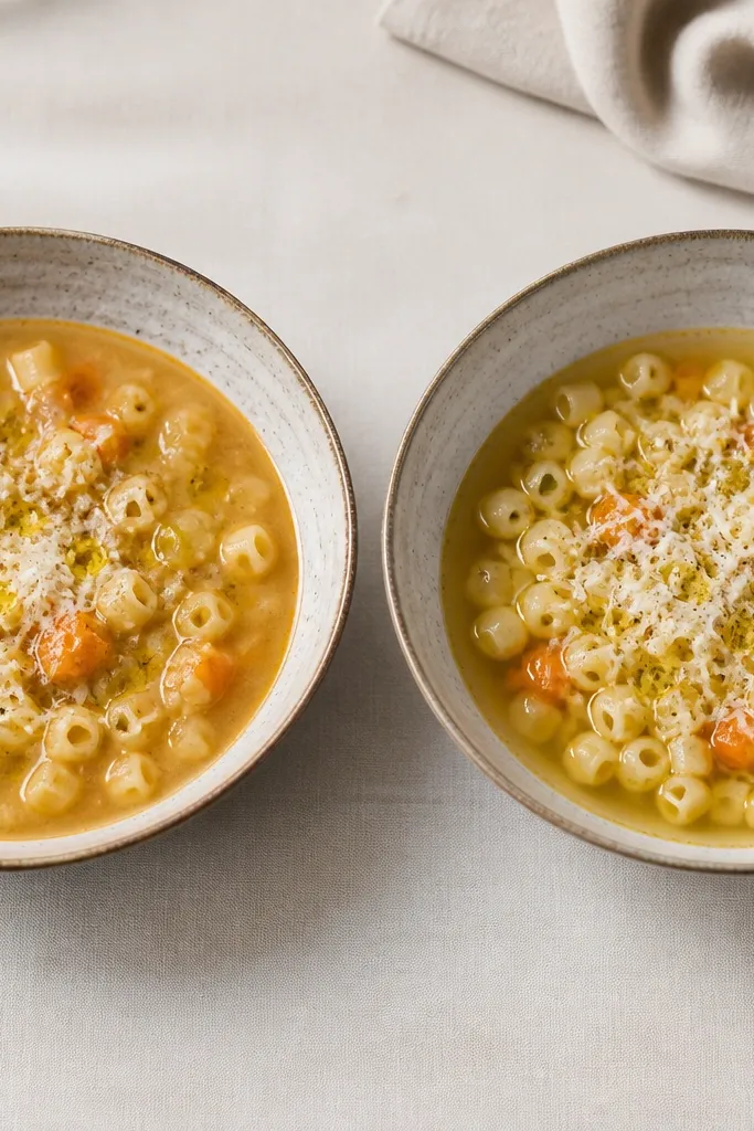 Two bowls on a table. Left bowl has pasta cooked in the soup, showing thicker broth and pasta slightly softer. Right bowl has pasta added at serving, with broth looking thinner and pasta more springy. Both have the same olive oil and cheese topping.