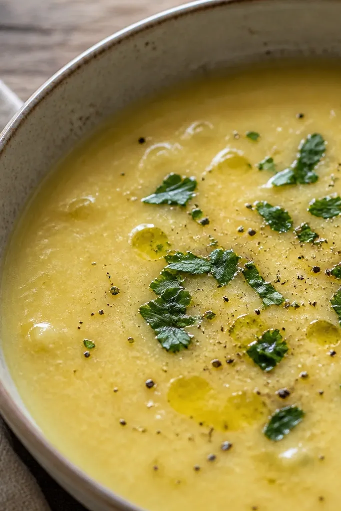 A close-up of the soup surface with a few chopped parsley leaves scattered on top. Black pepper specks are visible, and the olive oil shine catches the light. The bowl is on a wooden table with a linen napkin nearby.