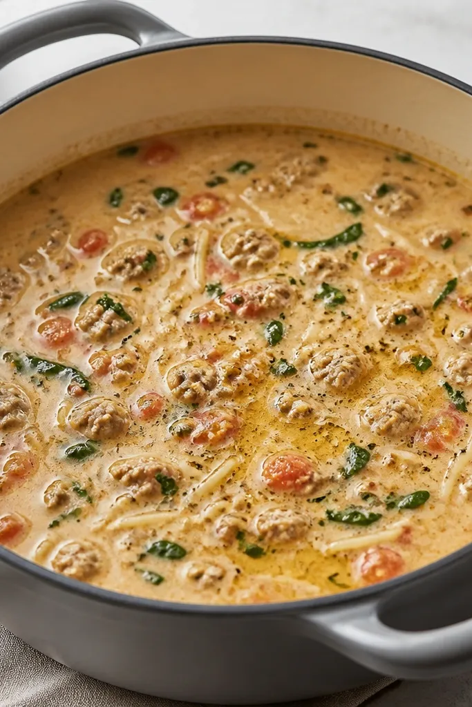 A pot shot where the broth looks creamy beige with flecks of pepper and tiny tomato bits. The surface has a thin sheen of olive oil. The color is lighter than marinara - more beige than orange.