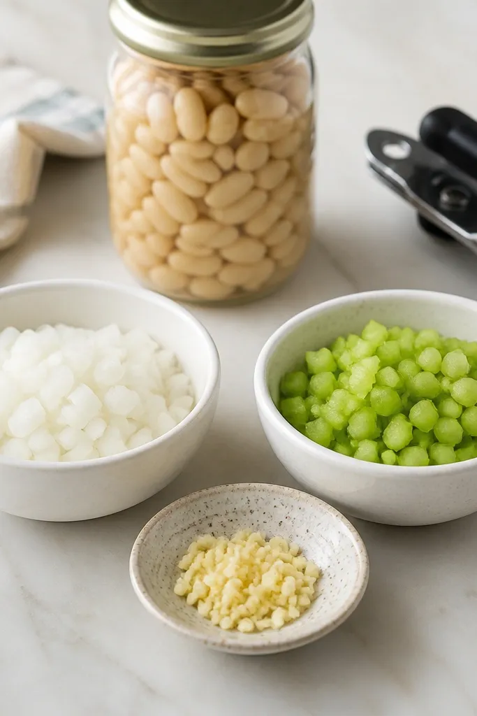 A mise en place photo: a small white bowl of diced onion, a bowl of diced celery, and a dish of minced garlic. Everything is measured and uniform. A jar of cannellini beans and a can opener sit in the background.
