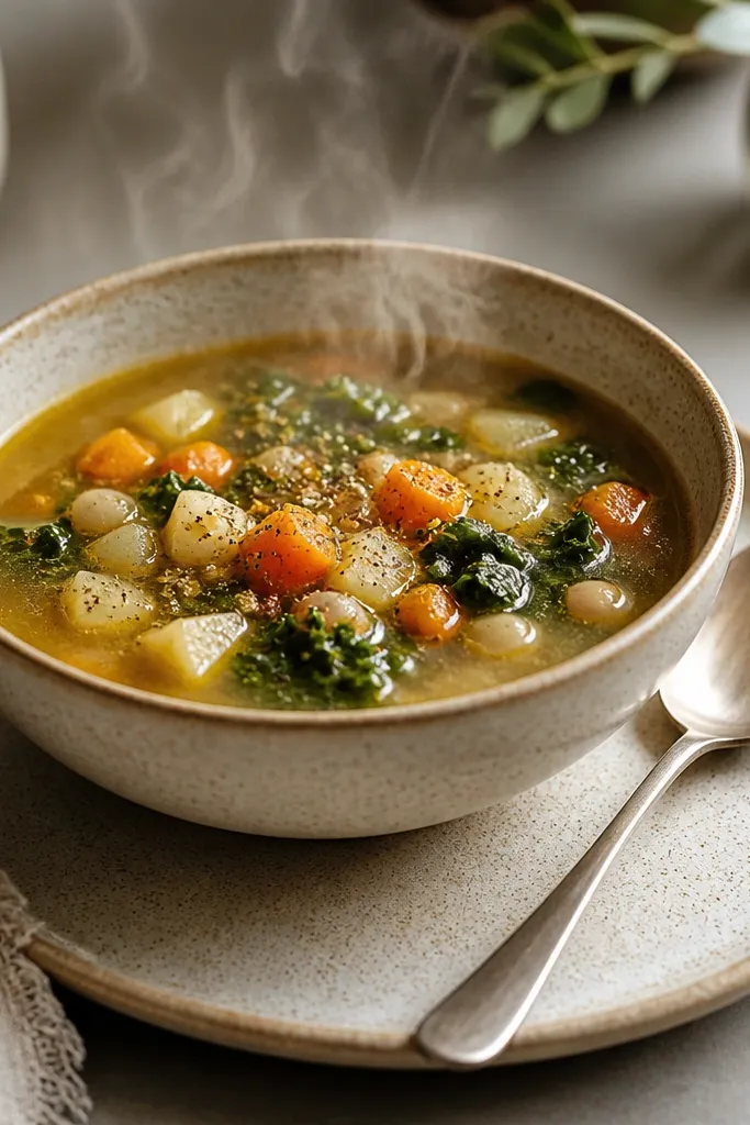 A warm ceramic plate with a shallow rim. The soup is plated in a bowl placed on the plate, and the surface stays glossy. Steam rises lightly. A spoon rests beside the bowl.