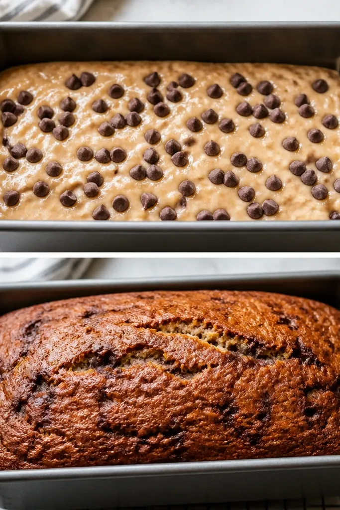 A loaf pan filled with banana bread batter before baking, topped with scattered semi-sweet chocolate chips; after baking, the loaf shows a deep golden-brown top with faint chocolate streaks at the surface.