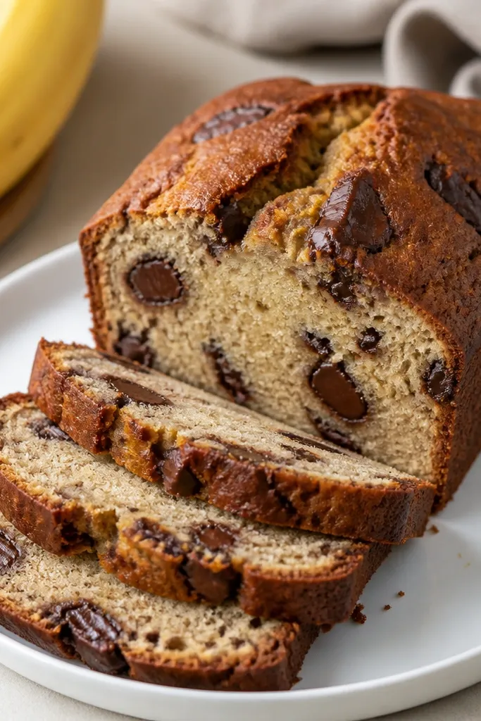 A sliced banana bread loaf on a white plate showing thick chocolate chunks embedded in a pale golden crumb; the crust is darker with a few exposed chocolate edges.