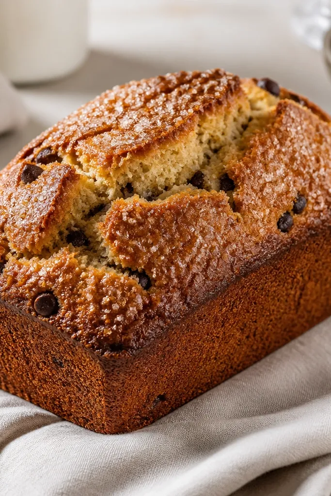 A loaf with a crackly, caramel-brown top and a fine sugary sparkle; chocolate chips are mostly inside with a few near the crust.