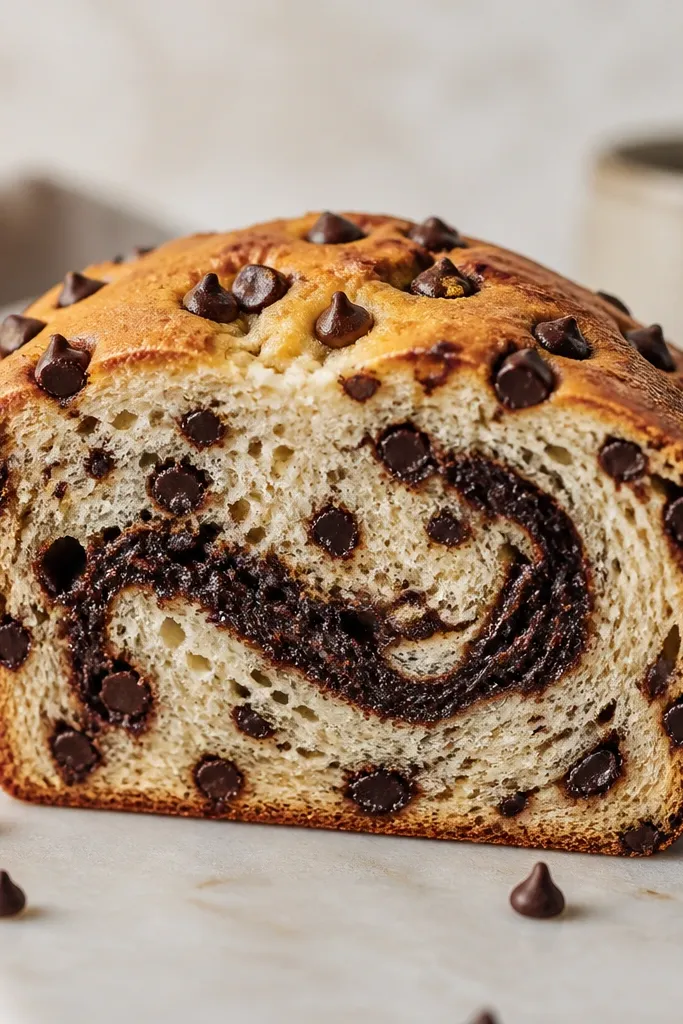 A loaf slice showing a dark cocoa swirl ribbon through the center with chocolate chips scattered evenly; the top is golden with a few chips visible.