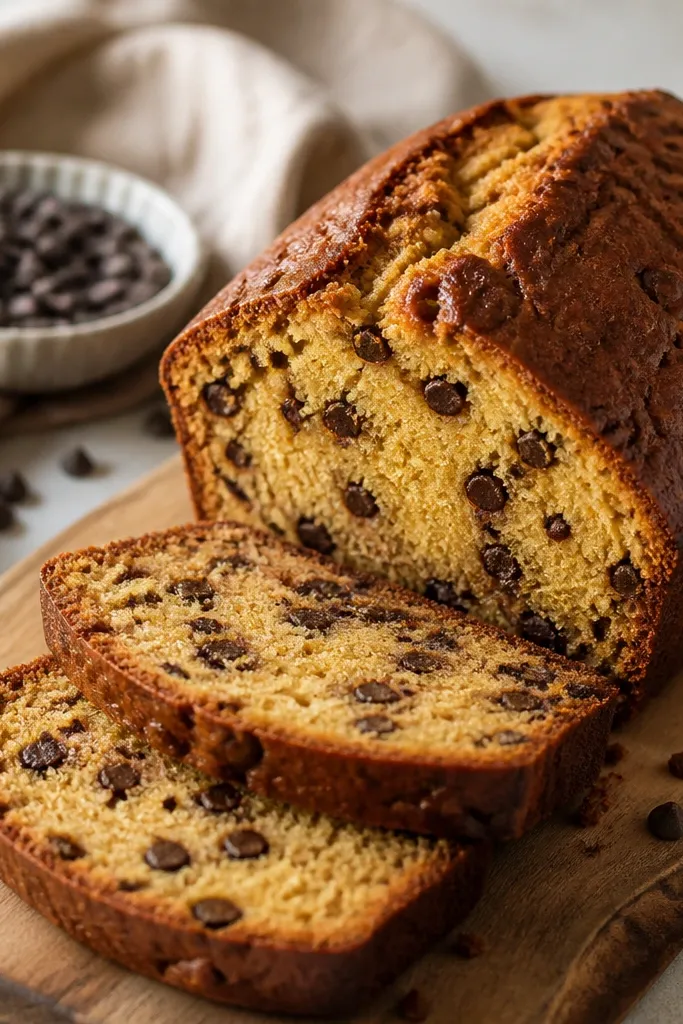 A loaf with a deeper amber crust and slightly darker edges; inside slices show a yellow-gold crumb with chocolate chips distributed throughout.