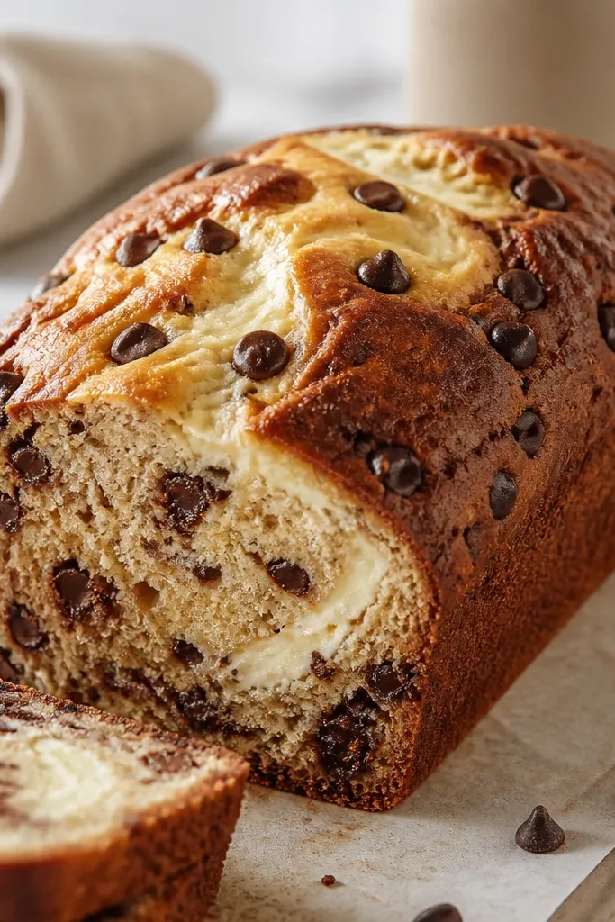 A loaf with a slightly domed top and a glossy, pale streak where cream cheese was swirled; chocolate chips dot the surface and show in the crumb.