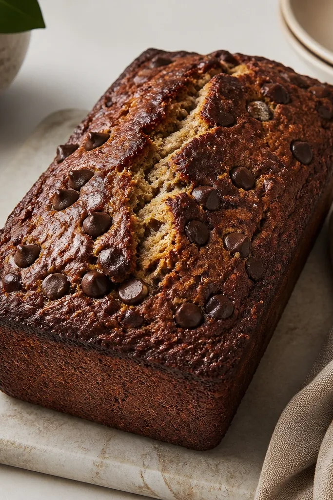 A loaf with a darker, almost caramelized top crust and visible chocolate chips along the surface; edges look thicker and more browned than the center.