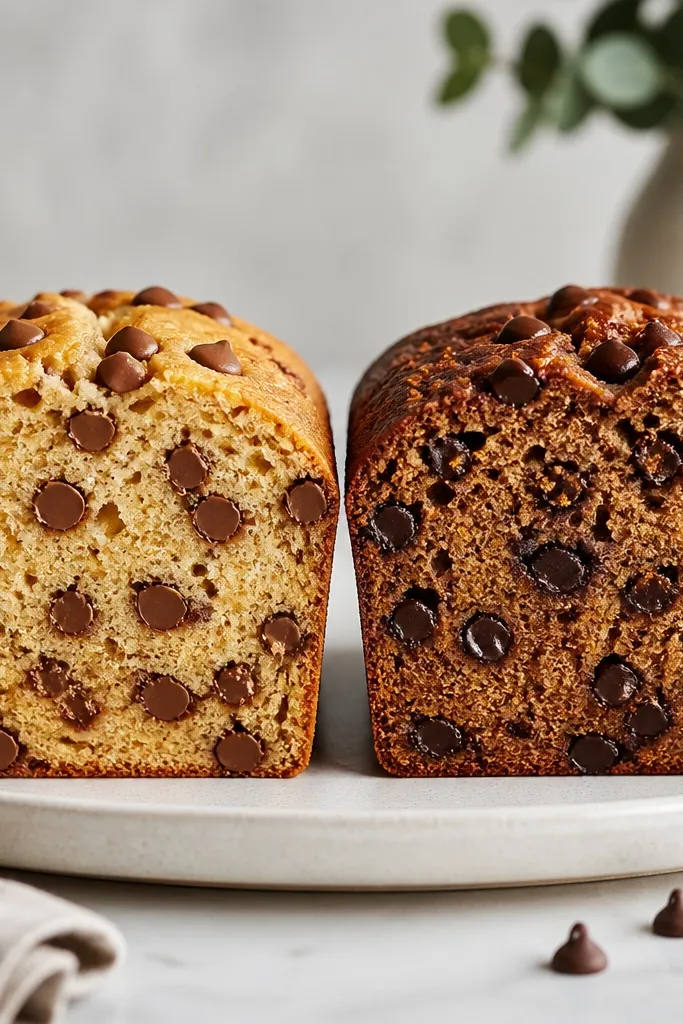 Two slices side-by-side: one loaf with milk chocolate chips shows a lighter golden crumb with medium brown chips; the other shows slightly darker crumb and deeper brown chips.