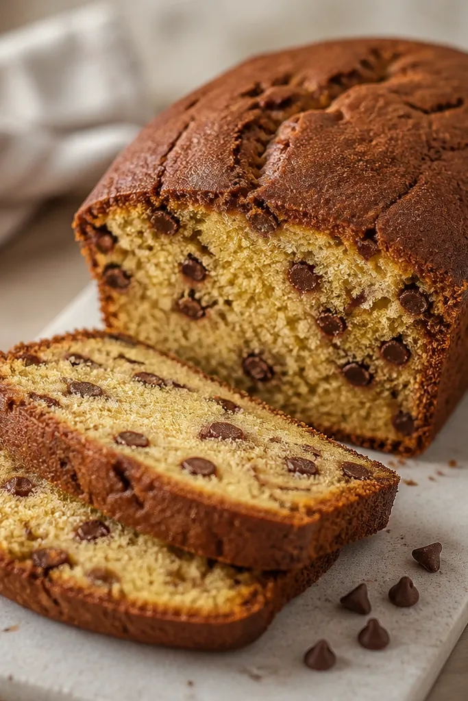 A loaf with a slightly darker, matte top and a fine crack pattern; slices show a moist yellow crumb with evenly distributed chips.