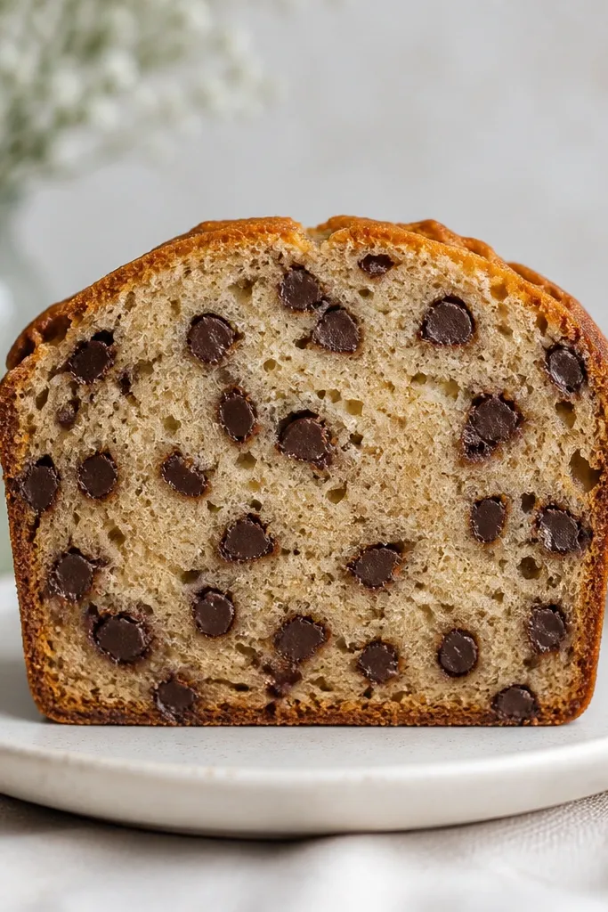 A loaf slice where chocolate chips appear suspended evenly from top to bottom; no big sinkhole of chocolate at the bottom.