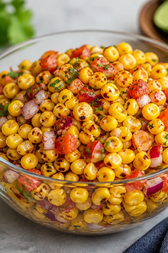 A clear glass bowl filled with corn salsa. The kernels look glossy and lightly browned at the edges, with visible flecks of red onion and small red tomato pieces. Lime green specks and smoky chili dust coat the top.