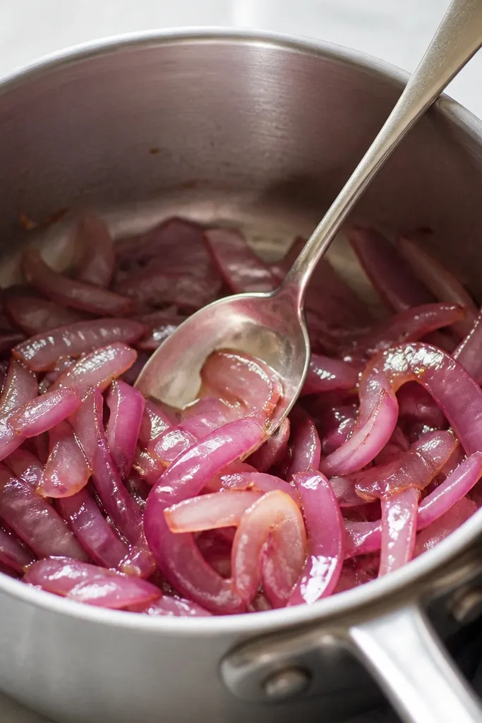 A small saucepan with a spoon resting inside, showing softened red onion pieces that are translucent at the edges. The onion looks glossy, not dry, with a light oil sheen.