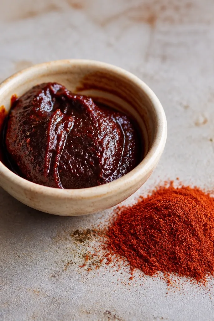 A tiny bowl holding a thick spoonful of dark reddish-brown chipotle in adobo paste, with a bit of sauce streaked on the side. Next to it is a small mound of smoked paprika.