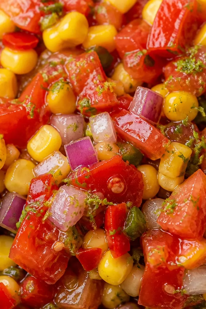 A close-up of salsa with tiny green lime zest flecks on top. The surface looks wet-glossy, and the colors are bright: yellow corn, red onion, and red chili-tomato bits.