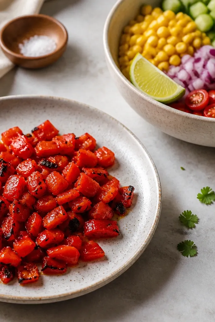 A plate with small diced roasted red pepper pieces, slightly charred and glossy, sitting next to a bowl of corn salsa ingredients.