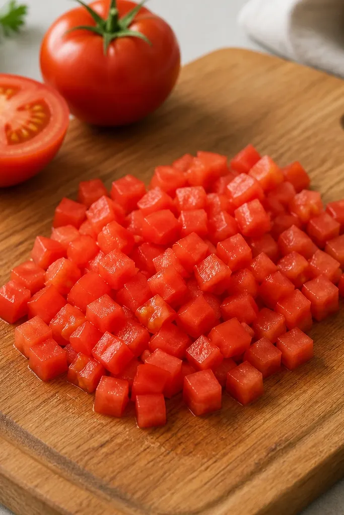 A cutting board with tomato diced into small uniform cubes. The pieces look dry and firm, with minimal liquid pooled around them.