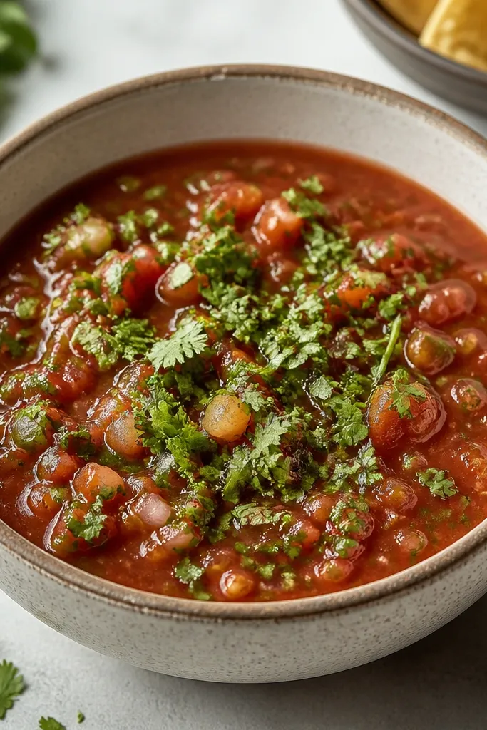 A bowl of chopped cilantro scattered lightly over the salsa surface. The green flecks look airy, not packed down.