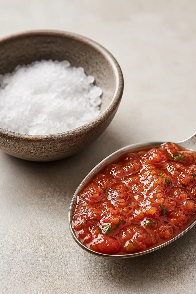 A small pinch bowl with coarse salt crystals next to a spoon holding salsa. The salsa surface looks glossy and speckled.