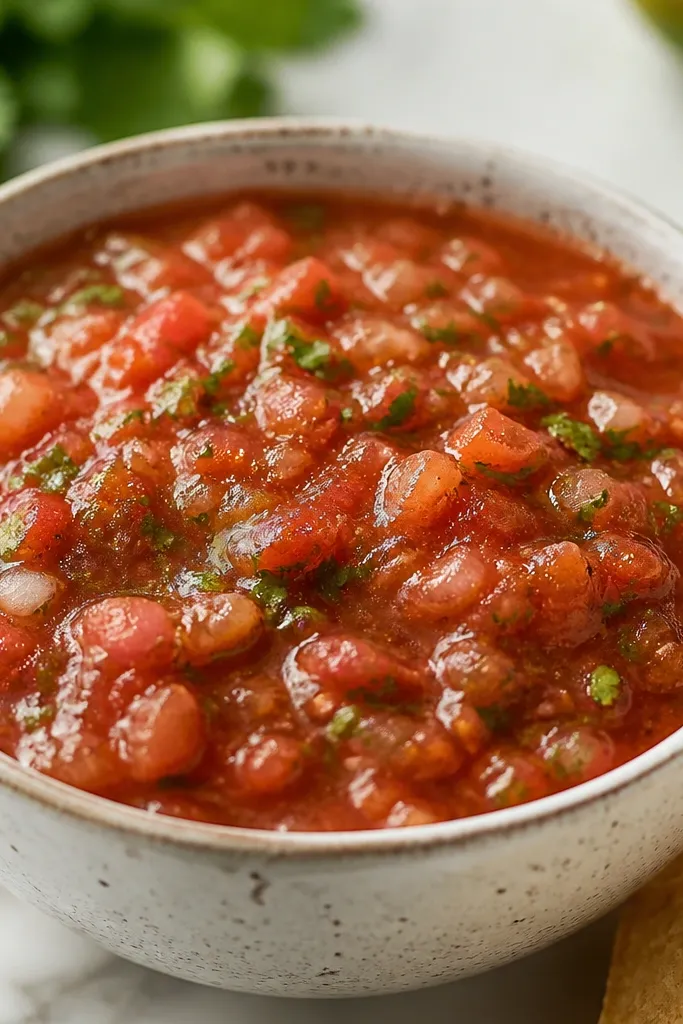 A close-up of salsa with a few visible chili flecks. The heat looks speckled, not streaky, and the color stays balanced.