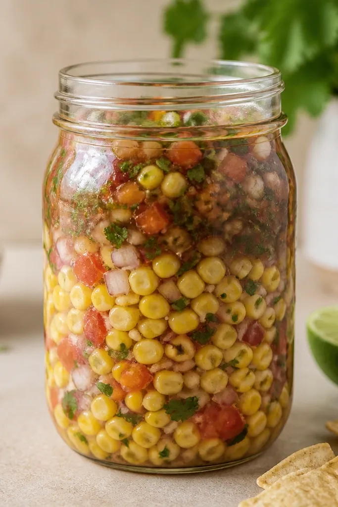 A mason jar packed with salsa, with the top layer looking slightly darker from lime. There's a clear line where kernels settle, showing it holds shape.