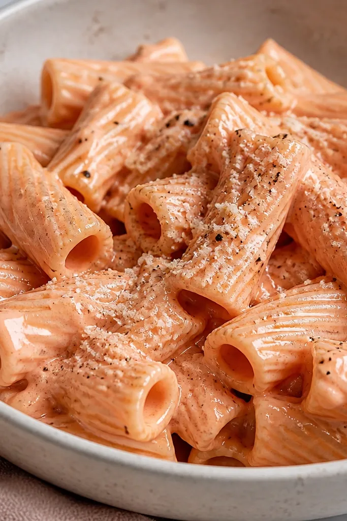 A close-up bowl of rigatoni pasta coated in a pale pink, glossy sauce with visible ridges on the pasta tubes; flecks of black pepper and a light dusting of parmesan sit on top.