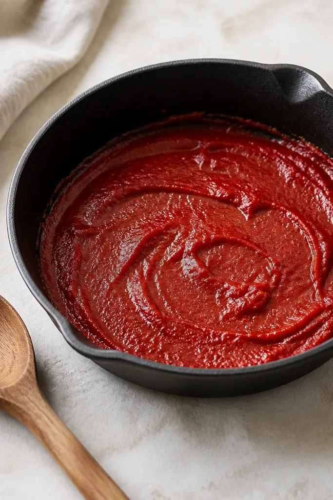 A small skillet showing a thin layer of tomato paste spread across the bottom, deep red but not dark, with a glossy sheen; a wooden spoon rests beside it.