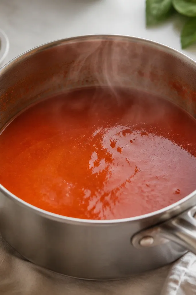 A saucepan where vodka and tomato mixture has reduced to a glossy, slightly thickened red-orange liquid; steam is visible, and the surface reflects light.