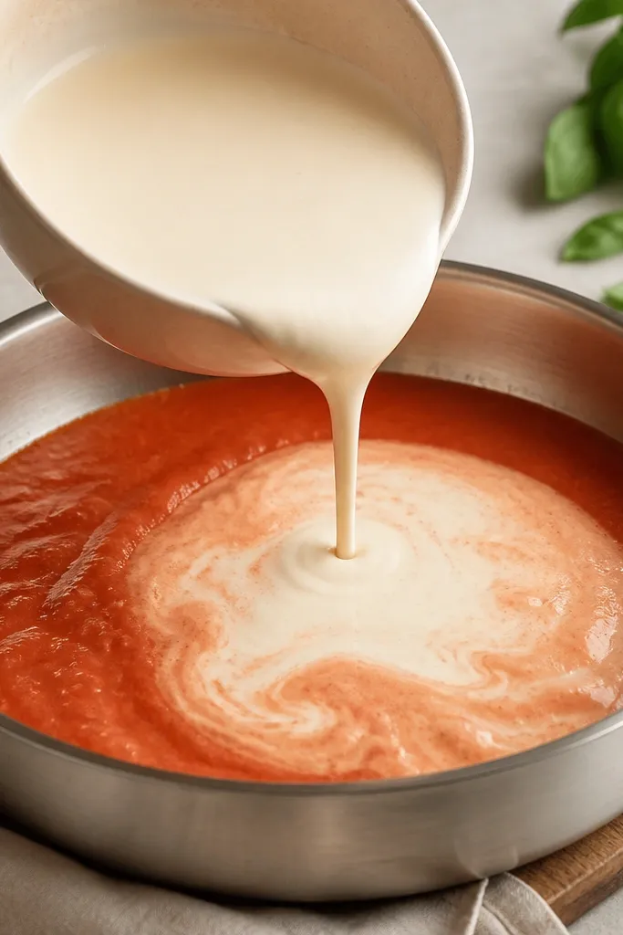 A bowl of pale cream poured into a pan off the burner; the sauce base is pinkish-red before cream hits, and the moment of pour shows a gradual lightening.