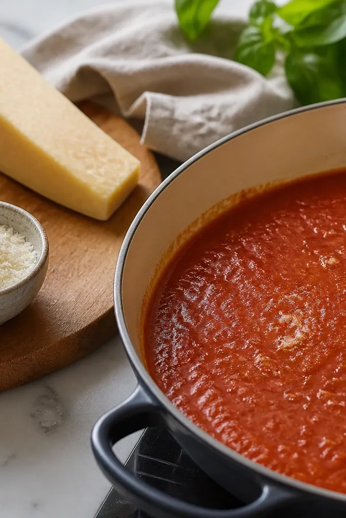 A cutting board with a wedge of parmesan and a small bowl of finely grated cheese; the pan shows sauce with tiny cheese specks already disappearing.