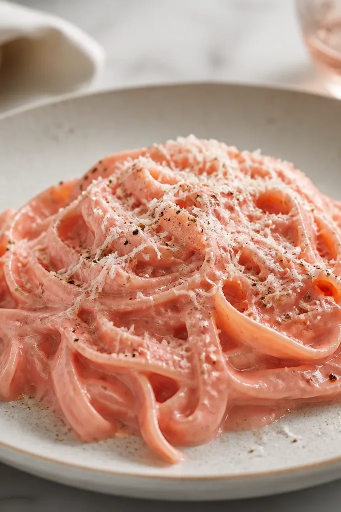 A plated serving with a light snowfall of parmesan over the pasta and a few visible cracks of black pepper; the sauce remains pink and glossy underneath.
