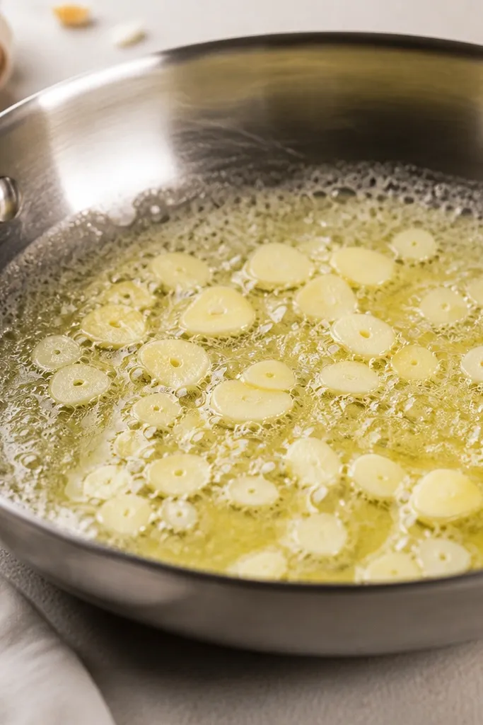 A pan with melted butter and visible garlic slices sizzling lightly; the garlic is pale gold, not browned, with a slight foamy surface.