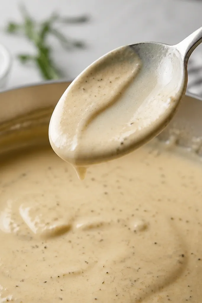 A spoon held above the pan showing sauce clinging in a smooth layer; the spoon's surface has a clear trail where you dragged it.