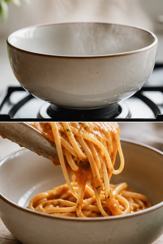 A ceramic bowl being warmed (steam visible) and then filled with pasta; the sauce looks glossy and not set.