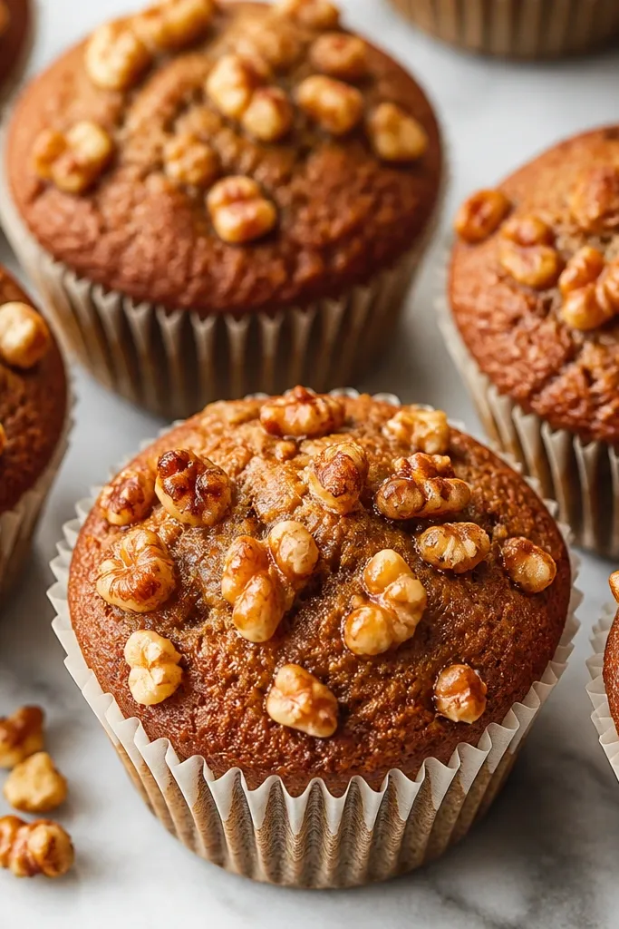 Banana bread muffins with chopped walnuts scattered on top. The walnuts look toasted and slightly glossy, with the liners peeking through around the edges.
