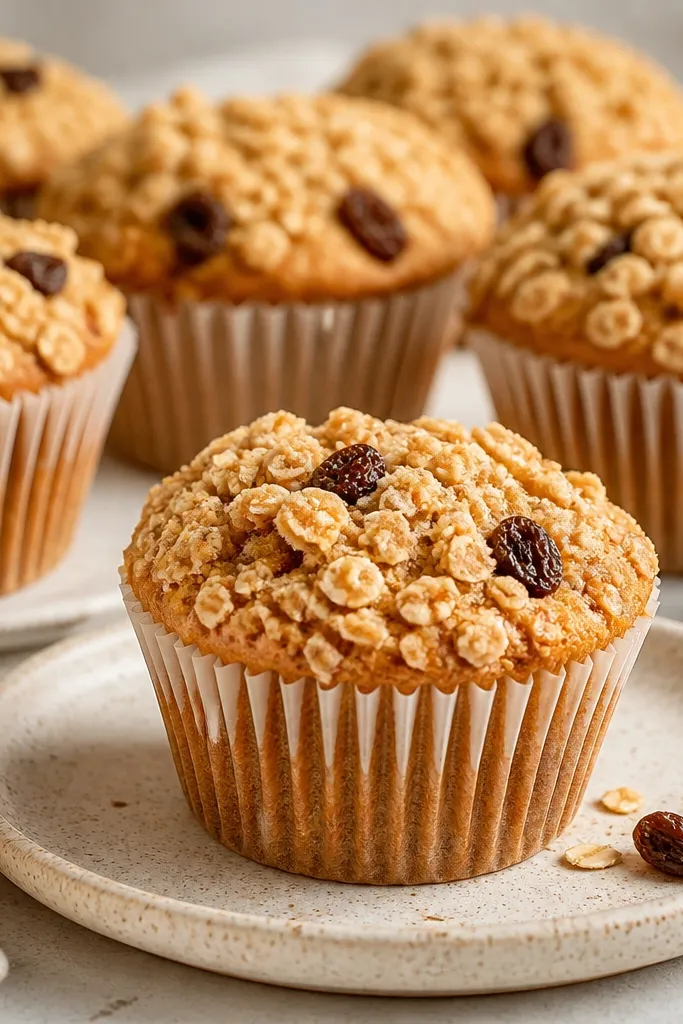 Muffins with a crumbly oat topping. Raisins are visible in the batter and a few peek through the crunchy top layer.